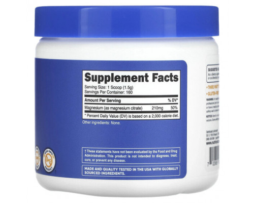 Магний Nutricost, Цитрат магния, без добавок, 250 г (8,8 унции) Магний Nutricost, Цитрат магния, без добавок, 250 г (8,8 унции)