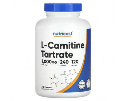 Аминокислоты Nutricost, L-карнитин тартрат, 500 мг, 240 капсул Аминокислоты Nutricost, L-карнитин тартрат, 500 мг, 240 капсул