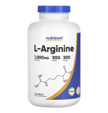 Аминокислоты Nutricost, L-аргинин, 1000 мг, 300 таблеток