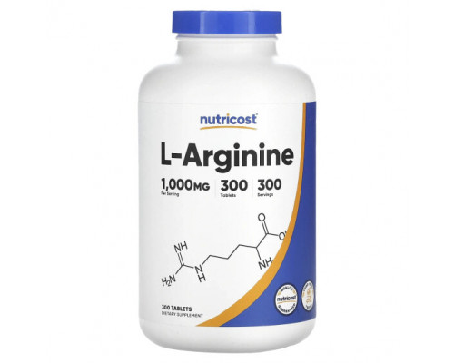 Аминокислоты Nutricost, L-аргинин, 1000 мг, 300 таблеток Аминокислоты Nutricost, L-аргинин, 1000 мг, 300 таблеток