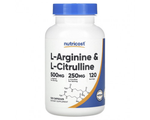 Аминокислоты Nutricost, L-аргинин и L-цитруллин, 120 капсул Аминокислоты Nutricost, L-аргинин и L-цитруллин, 120 капсул