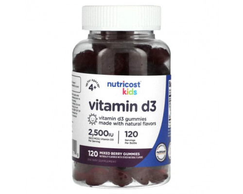 Витамин D Nutricost, Для детей, витамин D3, для детей от 4 лет, ягодное ассорти, 62,5 мкг (2500 МЕ), 120 жевательных таблеток Витамин D Nutricost, Для детей, витамин D3, для детей от 4 лет, ягодное ассорти, 62,5 мкг (2500 МЕ), 120 жевательных таблеток
