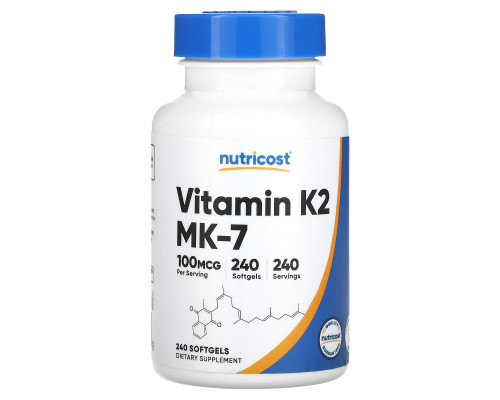 Nutricost, Витамин K2, 100 мкг, 240 мягких таблеток Nutricost, Витамин K2, 100 мкг, 240 мягких таблеток