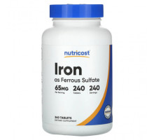 Железо Nutricost, Железо в виде сульфата железа, 65 мг, 240 таблеток