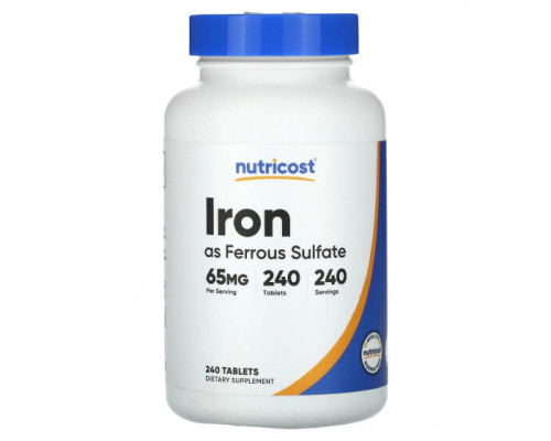 Железо Nutricost, Железо в виде сульфата железа, 65 мг, 240 таблеток Железо Nutricost, Железо в виде сульфата железа, 65 мг, 240 таблеток