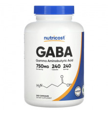 Аминокислоты Nutricost, ГАМК - гамма-аминомасляная кислота, 750 мг, 240 капсул