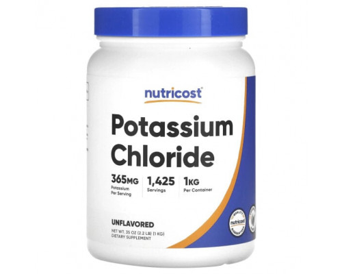 Калий Nutricost, хлорид калия, без добавок, 365 мг, 1 кг (2,2 фунта) Калий Nutricost, хлорид калия, без добавок, 365 мг, 1 кг (2,2 фунта)