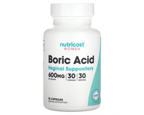 Женское здоровье Nutricost, Для женщин, борная кислота, вагинальные свечи, 600 мг, 30 капсул Женское здоровье Nutricost, Для женщин, борная кислота, вагинальные свечи, 600 мг, 30 капсул