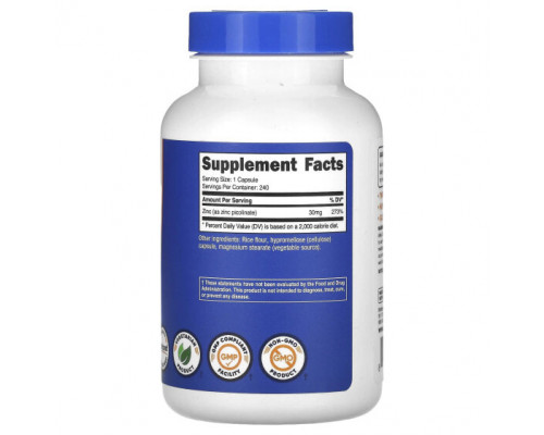 Цинк Nutricost, пиколинат цинка, 30 мг, 240 капсул Цинк Nutricost, пиколинат цинка, 30 мг, 240 капсул
