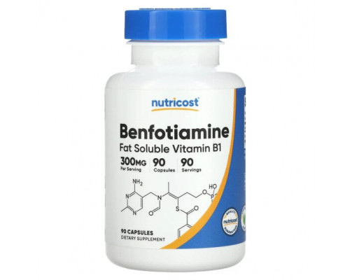 Витамины группы B Nutricost, Бенофотиамин, жирорастворимый витамин B1, 300 мг, 90 капсул Витамины группы B Nutricost, Бенофотиамин, жирорастворимый витамин B1, 300 мг, 90 капсул