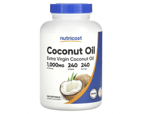 Растительные масла Nutricost, нерафинированное кокосовое масло высшего качества, 1000 мг, 240 капсул Растительные масла Nutricost, нерафинированное кокосовое масло высшего качества, 1000 мг, 240 капсул