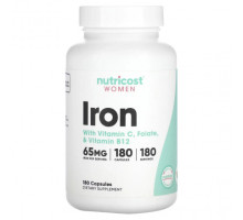 Железо Nutricost, Для женщин, железо, с витамином C, фолатом и витамином B12, 180 капсул