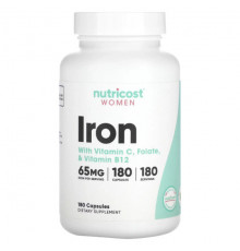 Железо Nutricost, Для женщин, железо, с витамином C, фолатом и витамином B12, 180 капсул
