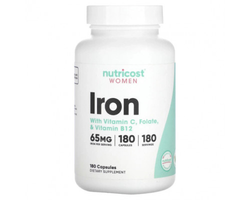 Железо Nutricost, Для женщин, железо, с витамином C, фолатом и витамином B12, 180 капсул Железо Nutricost, Для женщин, железо, с витамином C, фолатом и витамином B12, 180 капсул