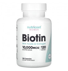 Женское здоровье Nutricost, биотин с фолатом и коллагеном для женщин, 10 000 мкг, 120 капсул