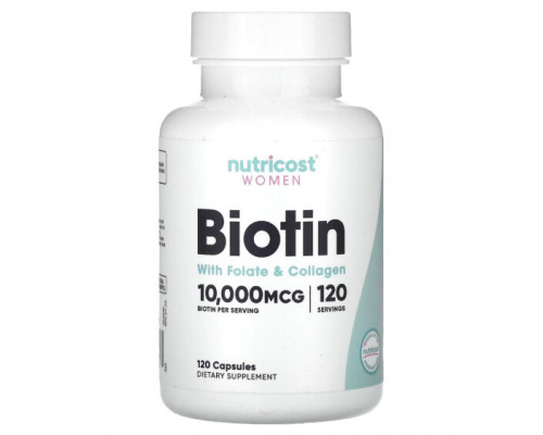 Женское здоровье Nutricost, биотин с фолатом и коллагеном для женщин, 10 000 мкг, 120 капсул Женское здоровье Nutricost, биотин с фолатом и коллагеном для женщин, 10 000 мкг, 120 капсул
