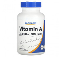 Витамин А Nutricost, Витамин A, 25000 МЕ, 500 мягких таблеток