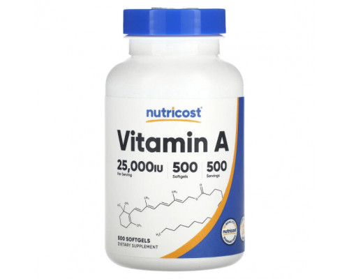 Витамин А Nutricost, Витамин A, 25000 МЕ, 500 мягких таблеток Витамин А Nutricost, Витамин A, 25000 МЕ, 500 мягких таблеток