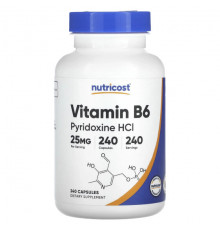 Витамины группы B Nutricost, витамин B6, пиридоксина гидрохлорид, 25 мг, 240 капсул