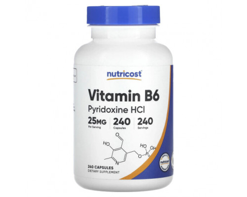 Витамины группы B Nutricost, витамин B6, пиридоксина гидрохлорид, 25 мг, 240 капсул Витамины группы B Nutricost, витамин B6, пиридоксина гидрохлорид, 25 мг, 240 капсул