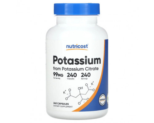 Калий Nutricost, Калий, 99 мг, 240 капсул Калий Nutricost, Калий, 99 мг, 240 капсул