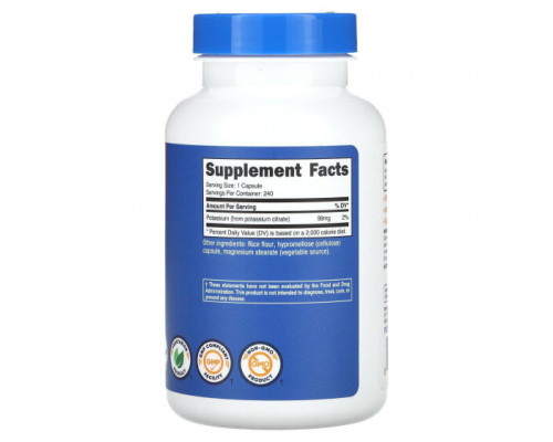 Калий Nutricost, Калий, 99 мг, 240 капсул Калий Nutricost, Калий, 99 мг, 240 капсул