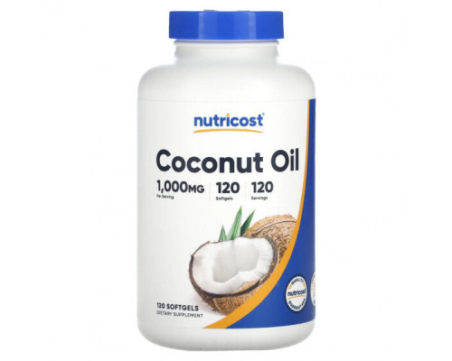 Растительные масла Nutricost, Кокосовое масло, 1000 мг, 120 мягких таблеток Растительные масла Nutricost, Кокосовое масло, 1000 мг, 120 мягких таблеток