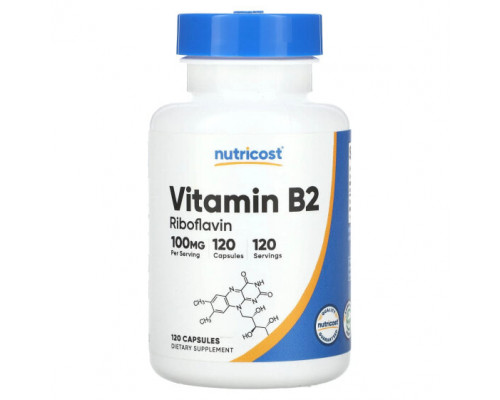 Витамины группы B Nutricost, Витамин B2, 100 мг, 120 капсул Витамины группы B Nutricost, Витамин B2, 100 мг, 120 капсул