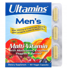 Ultamins, Men's Multi-Vitamin with CoQ10, Mushrooms, Enzymes, Veggies & Berries, 60 Veggie Capsules