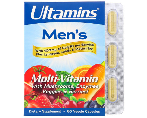 Ultamins, Men's Multi-Vitamin with CoQ10, Mushrooms, Enzymes, Veggies & Berries, 60 Veggie Capsules Ultamins, Men's Multi-Vitamin with CoQ10, Mushrooms, Enzymes, Veggies & Berries, 60 Veggie Capsules