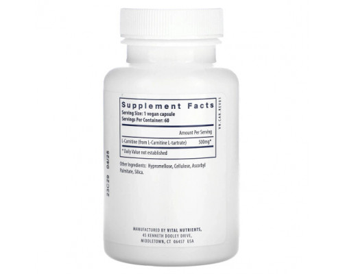 Аминокислоты Vital Nutrients, Карнитин, 60 веганских капсул Аминокислоты Vital Nutrients, Карнитин, 60 веганских капсул