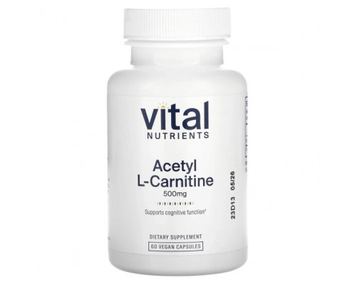 Аминокислоты Vital Nutrients, Ацетил L-карнитин, 500 мг, 60 веганских капсул Аминокислоты Vital Nutrients, Ацетил L-карнитин, 500 мг, 60 веганских капсул