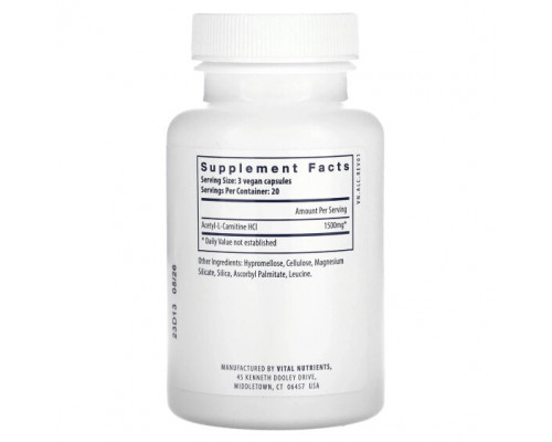 Аминокислоты Vital Nutrients, Ацетил L-карнитин, 500 мг, 60 веганских капсул Аминокислоты Vital Nutrients, Ацетил L-карнитин, 500 мг, 60 веганских капсул