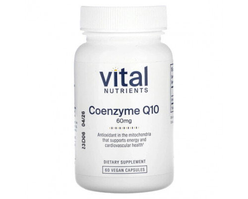 Антиоксиданты Vital Nutrients, Коэнзим Q10, 60 мг, 60 веганских капсул Антиоксиданты Vital Nutrients, Коэнзим Q10, 60 мг, 60 веганских капсул