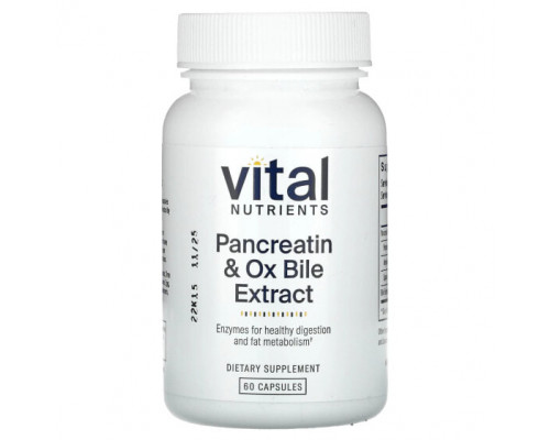 Пищеварительные ферменты Vital Nutrients, Панкреатин и экстракт бычьей желчи, 60 капсул Пищеварительные ферменты Vital Nutrients, Панкреатин и экстракт бычьей желчи, 60 капсул