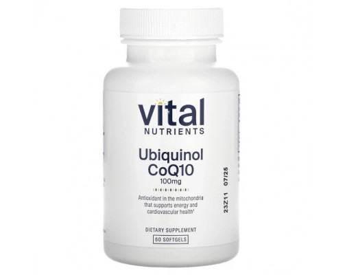 Антиоксиданты Vital Nutrients, Убихинол коэнзим Q10, 100 мг, 60 мягких таблеток Антиоксиданты Vital Nutrients, Убихинол коэнзим Q10, 100 мг, 60 мягких таблеток