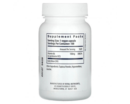 Витамины группы B Vital Nutrients, Витамин B6`` 100 веганских капсул Витамины группы B Vital Nutrients, Витамин B6`` 100 веганских капсул