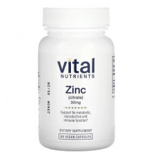 Цинк Vital Nutrients, Цинк (цитрат), 30 мг, 90 веганских капсул