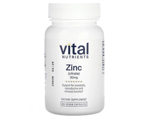 Цинк Vital Nutrients, Цинк (цитрат), 30 мг, 90 веганских капсул Цинк Vital Nutrients, Цинк (цитрат), 30 мг, 90 веганских капсул