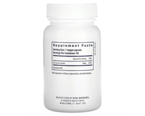 Цинк Vital Nutrients, Цинк (цитрат), 30 мг, 90 веганских капсул Цинк Vital Nutrients, Цинк (цитрат), 30 мг, 90 веганских капсул