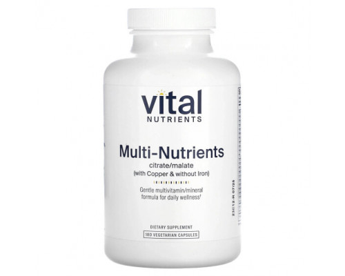 Витаминно-минеральные комплексы Vital Nutrients, Мульти питательные вещества цитрат / малат (с медью и без железа), 180 вегетарианских капсул Витаминно-минеральные комплексы Vital Nutrients, Мульти питательные вещества цитрат / малат (с медью и без железа), 180 вегетарианских капсул