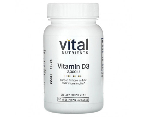 Витамин D Vital Nutrients, Витамин D3, 2000 МЕ, 90 вегетарианских капсул Витамин D Vital Nutrients, Витамин D3, 2000 МЕ, 90 вегетарианских капсул