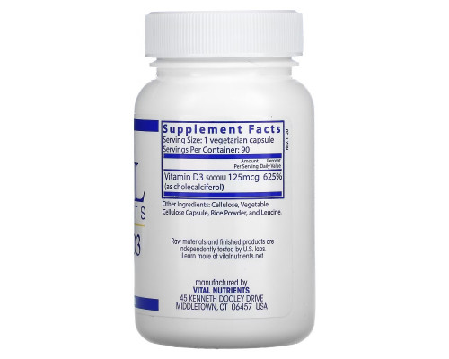 Vital Nutrients, Витамин D3, 5000 МЕ, 90 вегетарианских капсул Vital Nutrients, Витамин D3, 5000 МЕ, 90 вегетарианских капсул