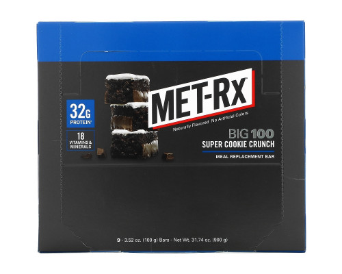 MET-Rx, Big 100, Батончик Вместо Еды, Хрустящее Супер Печенье, 9 Батончиков, по 3,52 унции (100 г) каждый MET-Rx, Big 100, Батончик Вместо Еды, Хрустящее Супер Печенье, 9 Батончиков, по 3,52 унции (100 г) каждый