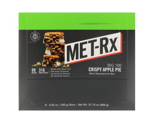 MET-Rx, Big 100, Батончик Вместо Еды, Хрустящий Яблочный Пирог, 9 батончиков, по 3,52 унции (100 г) каждый MET-Rx, Big 100, Батончик Вместо Еды, Хрустящий Яблочный Пирог, 9 батончиков, по 3,52 унции (100 г) каждый