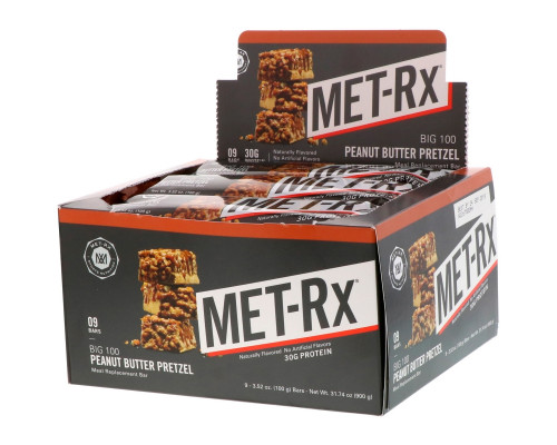MET-Rx, Big 100, Батончик Вместо Еды, Крендель с Арахисовым Маслом , 9 батончиков, по 3,52 унции (100 г) каждый MET-Rx, Big 100, Батончик Вместо Еды, Крендель с Арахисовым Маслом , 9 батончиков, по 3,52 унции (100 г) каждый