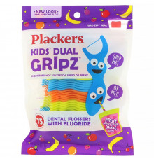 Plackers, Kid's Dual Gripz, детские зубочистки с нитью, с фтором, фруктовый смузи, 75 шт.