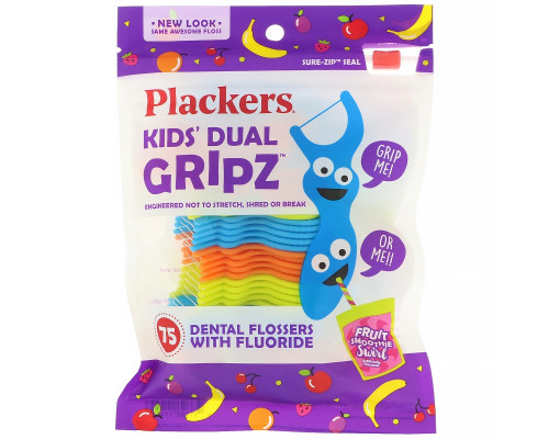 Plackers, Kid's Dual Gripz, детские зубочистки с нитью, с фтором, фруктовый смузи, 75 шт. Plackers, Kid's Dual Gripz, детские зубочистки с нитью, с фтором, фруктовый смузи, 75 шт.