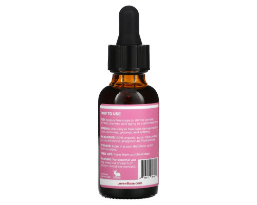 Leven Rose, 100% чистое масло из семян облепихи органического происхождения, 30 мл (1 унция) Leven Rose, 100% чистое масло из семян облепихи органического происхождения, 30 мл (1 унция)