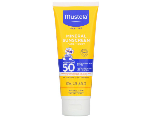 Mustela, Baby, Mineral Sunscreen, Face + Body, SPF 50, 3.38 fl oz (100 ml) Mustela, Baby, Mineral Sunscreen, Face + Body, SPF 50, 3.38 fl oz (100 ml)